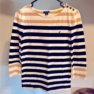 Nautica Vintage 90s Boat Neck wSailor Style Buttons Khaki Black and White Stripe